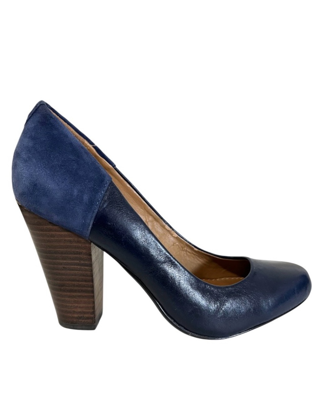 Aldo Navy Leather and Suede Block Heel Pumps